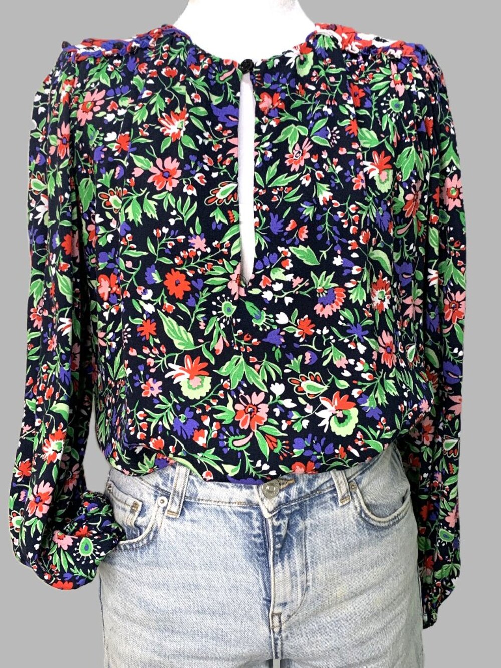 Zara Floral Blouse Women Shoulder Pads Puffy Long Sleeves Size XS